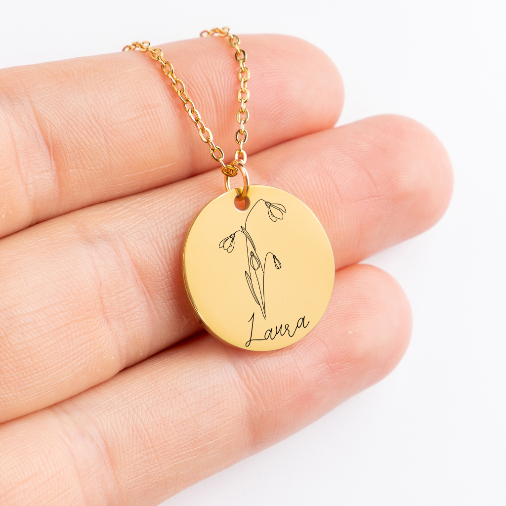 Personalized Birth Flower Round Necklace