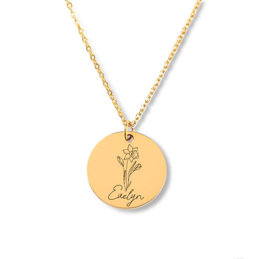 Personalized Birth Flower Round Necklace