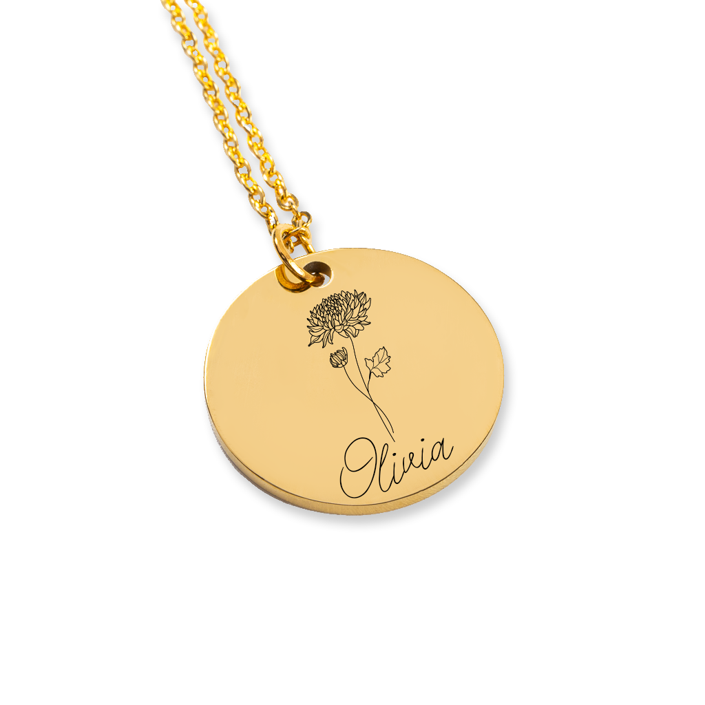 Personalized Birth Flower Round Necklace